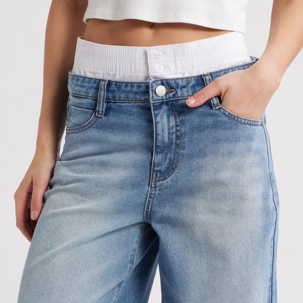 PTCL Wide Leg Denim Jeans Faded Blue Pants White Waist Detail Cotton 29 8 10 NWT